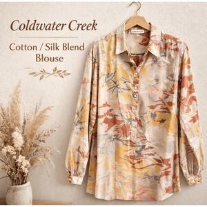 Coldwater Creek Silk Blend Blouse 2X Floral Cotton Silk Tailored Fit Top Artsy